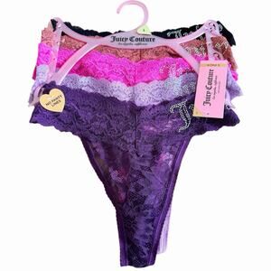JUICY COUTURE 5 Pack Women's Large Lace Rhinestone Logo Thong Pink Black Purple